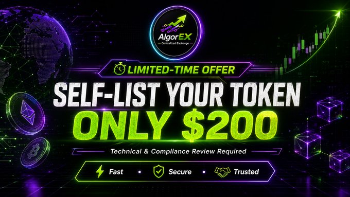 Dark promotional banner for AlgorEX Centralized Exchange advertising 'SELF-LIST YOUR TOKEN ONLY $200' as a limited-time offer, labeled Fast, Secure, and Trusted.