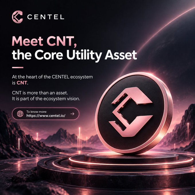 A sleek promotional graphic featuring the CENTEL logo and the headline "Meet CNT, the Core Utility Asset," showcasing a large pink-and-black CNT coin on a glowing pedestal against a cosmic landscape, reinforcing the post's message about CNT's role at the heart of the CENTEL ecosystem with a link to centel.io.