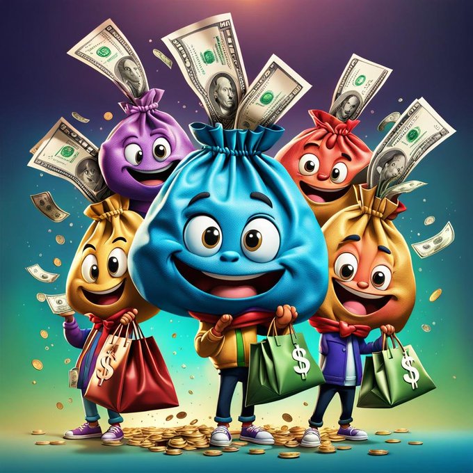 A 3D cartoon-style illustration of colorful money bags with cartoon faces, surrounded by floating dollar bills and gold coins against a gradient background.