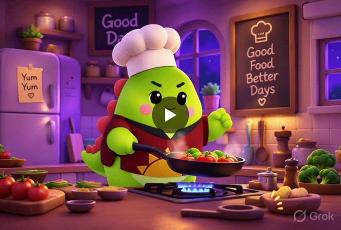 A cartoon-style illustration of a green dinosaur wearing a chef's hat and red apron cooking tomatoes in a pan, with a play button overlay and signs reading 'Good Da[ys]', 'Yum Yum', and 'Good Food Better Days'.