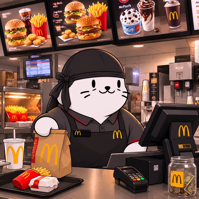 An illustration of a white cartoon cat character with a black bandana and a black McDonald's-branded apron working behind a fast-food counter, surrounded by menu boards displaying burgers, fries, and drinks.