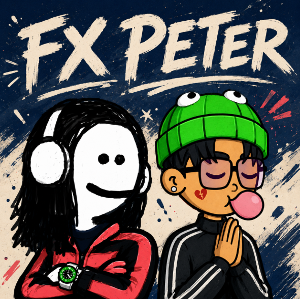 An illustrated album cover or poster titled 'FX PETER' features two cartoon characters: a figure with long black hair wearing headphones and a red jacket, and another character with a green hat, glasses, and bubble gum.