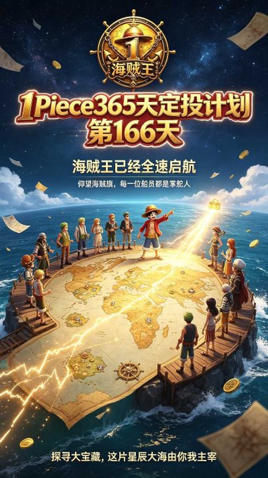 A promotional poster featuring One Piece characters standing around a treasure map with Chinese text reading "1Piece365天定投计划 第166天" (1Piece 365-Day Fixed Investment Plan Day 166), encouraging viewers to vote for the 1Piece project as part of a community-driven journey highlighted in the accompanying post.