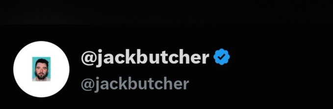 A social media profile header on a black background displays the handle '@jackbutcher' with a verified blue checkmark and a small circular profile photo.