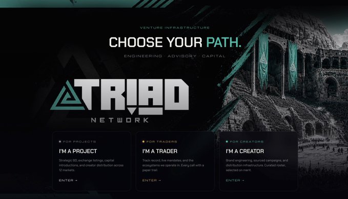 The image displays a webpage for TRIAD AI Network featuring the tagline "CHOOSE YOUR PATH" under "VENTURE INFRASTRUCTURE" with categories Engineering, Advisory, and Capital, offering three entry points: "I'M A PROJECT," "I'M A TRADER," and "I'M A CREATOR."

The image complements the post by visually illustrating how TRIAD separates the three core pillars of business—capital, strategy, and marketing—into distinct pathways, reinforcing the message that each function must work in harmony for sustainable growth.