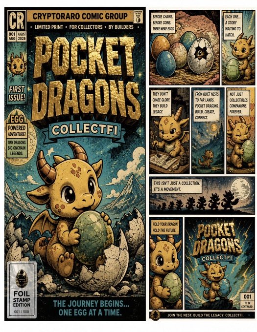 A comic book cover titled 'POCKET DRAGONS COLLECTFI' from Cryptoraro Comic Group, featuring a cute dragon hatching from an egg with multiple comic panels on the side.