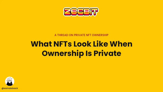 The image is a yellow graphic titled "What NFTs Look Like When Ownership Is Private," branded with the "ZEBIT" logo at the top and tagged as "A THREAD ON PRIVATE NFT OWNERSHIP," with a Twitter handle "@samiaisback" in the bottom corner. It serves as a header visual for a discussion about how NFTs lack true ownership privacy by exposing wallet activity, highlighting the need for solutions that prove ownership without revealing entire portfolios.