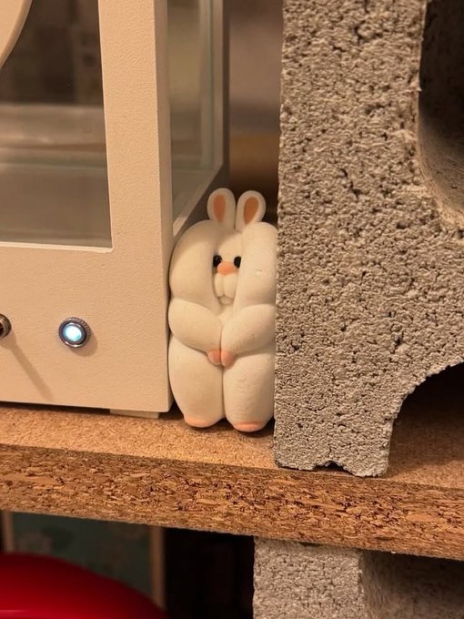 Two small, white bunny figurines with pink noses and ears sit huddled together on a wooden shelf between a white lantern and a gray cat-shaped object.