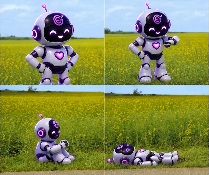 The image features a collection of four photos showcasing a robot with purple arms, legs, and a head that displays the letters "Gm gm EverGrow!". The robot appears to be sitting or lying down in various positions throughout the images. In one photo, the robot is standing upright on its hind legs, while another photo shows it laying on its back with its arms and legs spread out. A third image captures the robot posing for a picture with its arms raised high above its head. The fourth image depicts the robot sitting down in front of a field filled with yellow flowers.