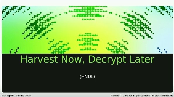 Conference presentation slide titled 'Harvest Now, Decrypt Later' (HNDL) by Richard T. Carback III at Blocksplat | Berlin | 2026, featuring a green pixelated world map graphic.