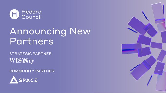 Text 'Announcing New Partners'. Hedera Council announcement graphic revealing WISeKey as Strategic Partner and Space as Community Partner, with purple geometric design.
