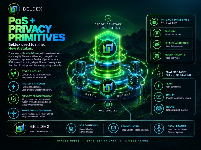 A promotional infographic for 'BELDEX' titled 'PoS+ PRIVACY PRIMITIVES', detailing their move from mining to Proof-of-Stake with ~30s blocks, highlighting privacy features like Ring Mix, Stealth Addresses, and Hidden Amounts, along with services Flash, BChat, and Belnet.