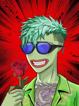 An anime-style illustration of a smiling man with green hair, sunglasses, and a dragon tattoo holding a red rose against a red background.
