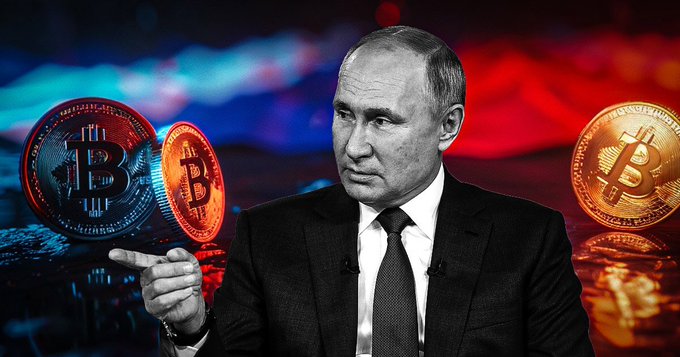 The image depicts Vladimir Putin alongside prominent Bitcoin symbols, visually representing the news of Russia permitting the use of cryptocurrencies in foreign trade contracts. The striking Bitcoin imagery directly illustrates the subject of the accompanying post.