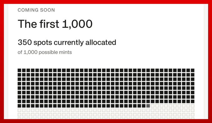 A promotional graphic for an upcoming NFT mint titled "The first 1,000," indicating that 350 of 1,000 possible mints have already been allocated, with a visual grid showing filled versus empty spots. This corresponds to the post's claim about the @standard_rsv NFT project having roughly 650 Genesis spots still available ahead of its September 14th launch.