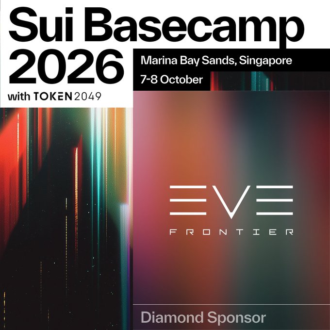 The image is a promotional banner for Sui Basecamp 2026 (Oct 7-8, Marina Bay Sands, Singapore, with TOKEN2049), featuring EVE Frontier as a Diamond Sponsor. It ties into the post by highlighting EVE Frontier's role as a top-tier sponsor of the event, emphasizing their partnership with Sui to build a player-ownership-driven survival game.