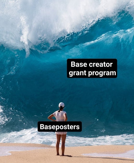 A person stands on a beach facing a massive towering wave, with text overlays reading "Base creator grant program" and "Baseposters" — visually framing the $BASE ecosystem's biggest supporters ("Baseposters") as small but determined figures ready to ride the impending wave of the Base creator grant program.