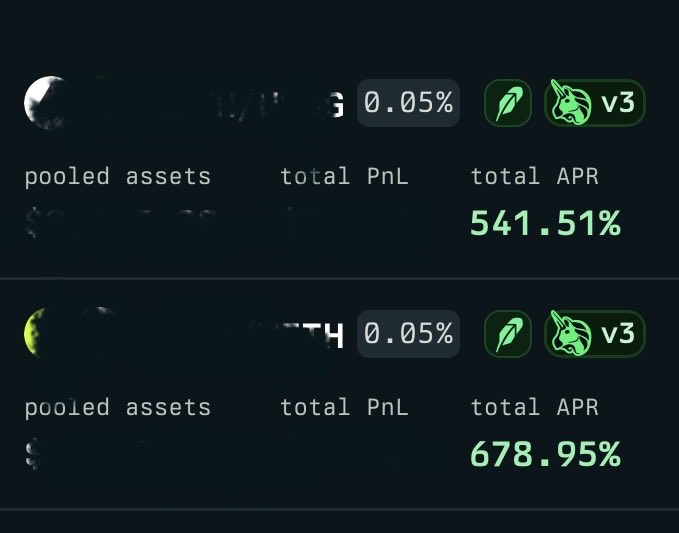 A dashboard showing two portfolio positions with total APRs of 541.51% and 678.95%, along with 0.05% figures and v3 tags, with most of the pooled assets and PnL values blurred out. The celebratory "We're so back" caption fits the extremely high APR returns displayed, suggesting a triumphant return to profitable trading performance.