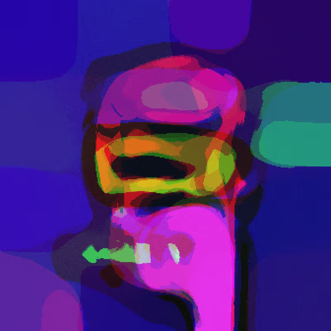 An abstract digital painting uses bold blocks of vibrant pink, purple, green, and black colors to create a stylized face or figure.