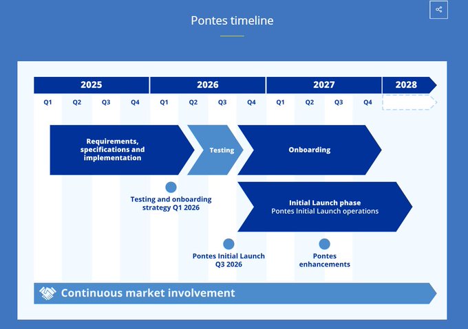 A 'Pontes timeline' project roadmap chart spanning 2025 to 2028, showing phases including Requirements/specifications/implementation (2025), Testing and onboarding strategy (Q1 2026), Onboarding, Pontes Initial Launch (Q3 2026), Initial Launch phase, Pontes enhancements, and a continuous market involvement bar at the bottom.