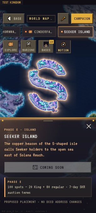 A mobile game map screen titled 'TEST KINGDOM' showing a campaign called 'SEEKER ISLAND' with 'COMING SOON' status, listing phase E details including 100 spots, 20 King, 80 regular, and 7-day SKR auction terms.