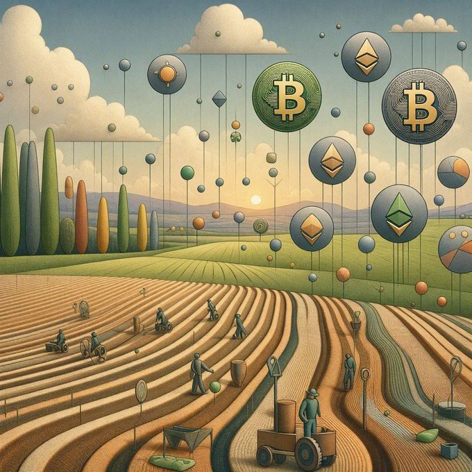 A surreal illustration of a golden field with small figures working, while giant cryptocurrency coins like Bitcoin and Ethereum float in the sky like balloons above rolling hills.