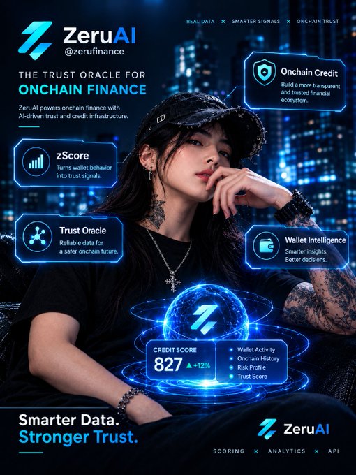 A promotional graphic for ZeruAI (@zerufinance) features a woman in a black cap against a cyberpunk cityscape, advertising it as 'THE TRUST ORACLE FOR ONCHAIN FINANCE' with features like zScore, Trust Oracle, Onchain Credit, and Wallet Intelligence, showing a credit score of 827.