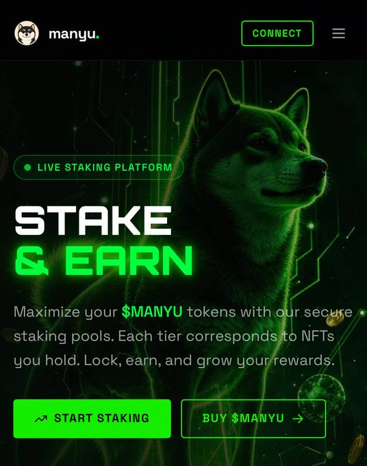 The image shows a website called "MANNYU staking pools & NFT staking coming soon" with a green background, white text, and a dog image at the top of the page. The main content of the image is a description of the platform, which includes information about how to use it, what can be done on it, and its benefits for users.

The website also features a button that says "START STAKING" in green text, indicating that users can start using the staking pools or NFT staking services right away. The post is titled "MANNYU staking pools & NFT staking Coming soon", which suggests that it will be published soon and provide more information about the platform's features and benefits.