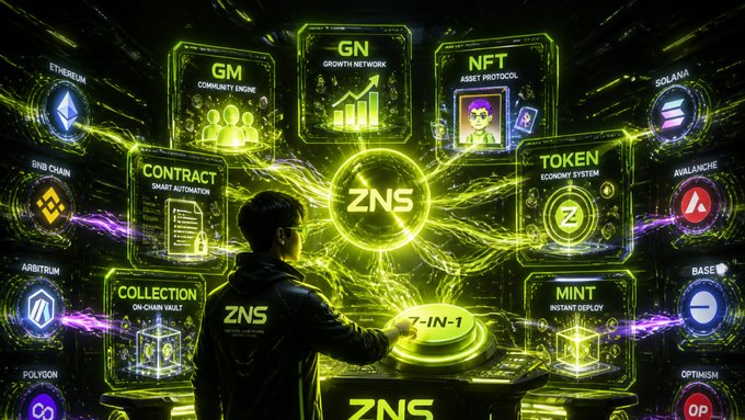 A person wearing a "ZNS" hoodie stands before a glowing green digital interface displaying seven interconnected blockchain action panels labeled "GM Community Engine," "GN Growth Network," "NFT Asset Protocol," "Contract Smart Automation," "Token Economy System," "Collection On-Chain Vault," and "Mint Instant Deploy," surrounded by logos of networks including Ethereum, BNB Chain, Arbitrum, Polygon, Solana, Avalanche, Base, and Optimism—visually reinforcing the post's message of a "Multichain 7-in-1" workflow offering 7 on-chain actions across multiple networks in a single click via ZNS.