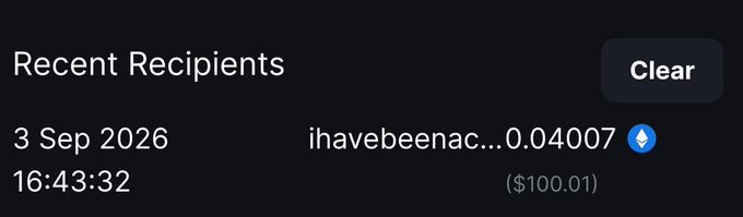 The image displays a cryptocurrency transaction screen titled "Recent Recipients," showing a transfer of $100.01 in ETH (0.04007) sent to the address starting with "ihavebeenac..." at 16:43:32 on 3 Sep 2026. This serves as proof of the $100 payment being sent to contest winner @iamhydraszn, as mentioned in the tweet.