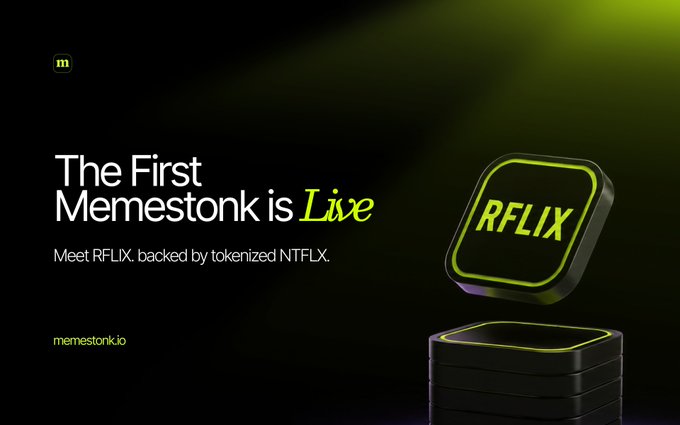 A sleek promotional graphic announces "The First Memestonk is Live," featuring a glowing green and black RFLIX token icon beside the tagline "Meet RFLIX, backed by tokenized NTFLIX." The post's contract address (0xfD181632e1F2335DaB74535E6dD29082d3191bb2) corresponds to the launch of this tokenized asset, complementing the image's announcement of RFLIX going live on Memestonk.io.