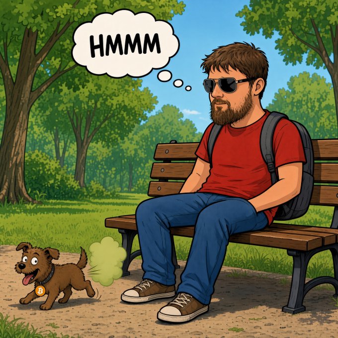 A cartoon man in sunglasses sits on a park bench pondering "HMMM" as a small brown dog runs by emitting a green gas cloud, humorously illustrating the "invention of tail emissions" with a visual pun on dog tail emissions.