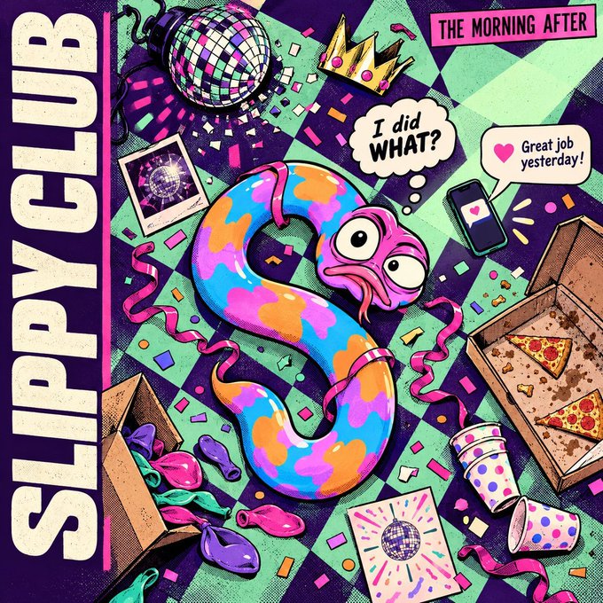 Colorful album artwork for 'SLIPPY CLUB' titled 'THE MORNING AFTER,' featuring a psychedelic snake and post-party elements like pizza and disco balls.