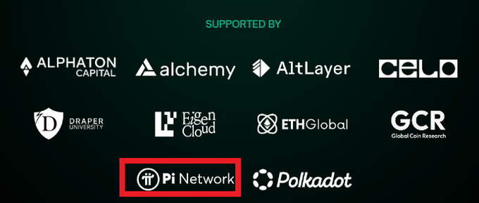 A "SUPPORTED BY" sponsor section for the 2026 TOKEN2049 event displays logos of various blockchain and crypto partners, including Alphaton Capital, Alchemy, AltLayer, CELO, Draper University, Eigen Cloud, ETHGlobal, GCR (Global Coin Research), Pi Network, and Polkadot, with Pi Network highlighted by a red box. The image confirms Pi's inclusion as a supporting partner of the major Singapore-based blockchain conference.