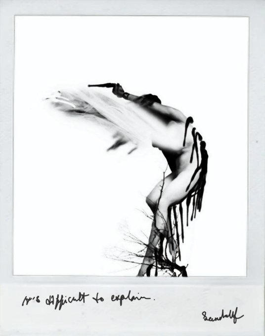 A black and white artistic photograph of a blurred figure with paint dripping, captioned "It's difficult to explain" and signed "scottwills," with the post indicating only one print remains from this limited edition series.