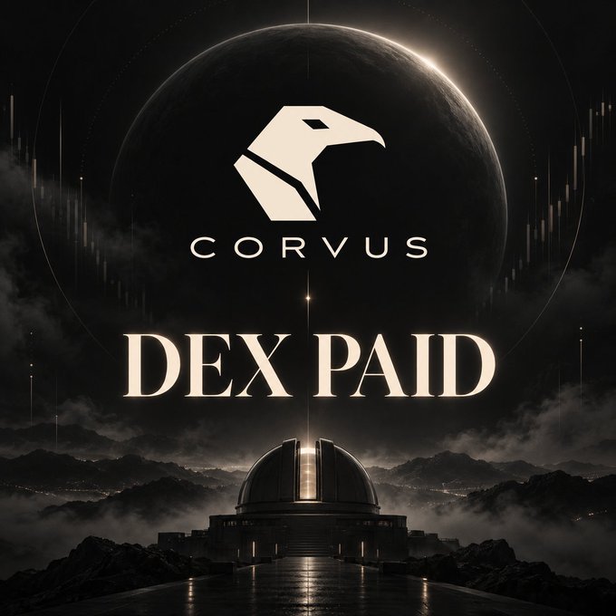 A promotional graphic for 'CORVUS DEX PAID' featuring a stylized bird logo above text, set against a dark cosmic background with a planet, a futuristic domed building, and candlestick chart patterns.