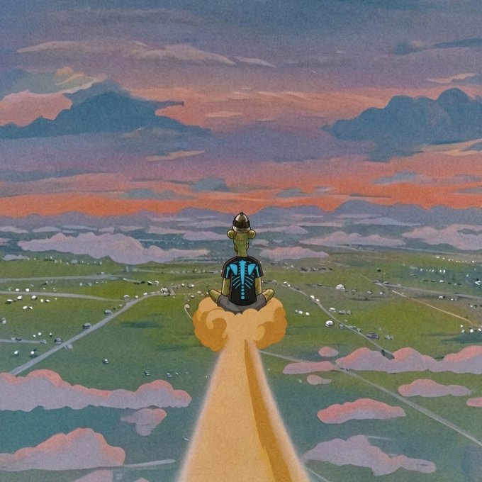 An illustration of a person meditating in a lotus position on a cloud, viewed from behind, with a glowing yellow beam extending downward, overlooking a landscape with a pink and orange sunset sky.