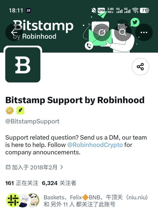 The image shows the Twitter/X profile page for "Bitstamp Support by Robinhood" (@BitstampSupport), displaying the official account banner, the Bitstamp logo (a stylized "B"), 161 followers following, 6,324 followers, and a join date of February 2018. This directly relates to the post's mention of Bitstamp being acquired by Robinhood for approximately $200 million, as the account branding now reflects the Robinhood ownership.