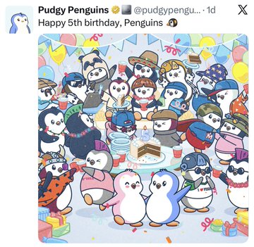 A Twitter/X post from @pudgypengu_ wishing 'Happy 5th birthday, Penguins' with an illustration of penguin characters at a birthday party.