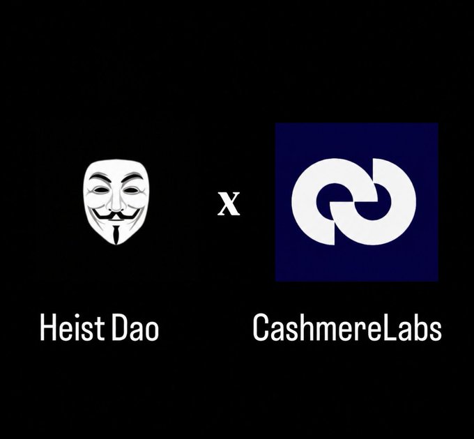 Black background image showing the logos of Heist Dao (with an Anonymous mask) and CashmereLabs (with an interlocking circles logo) separated by a white "X" symbol.