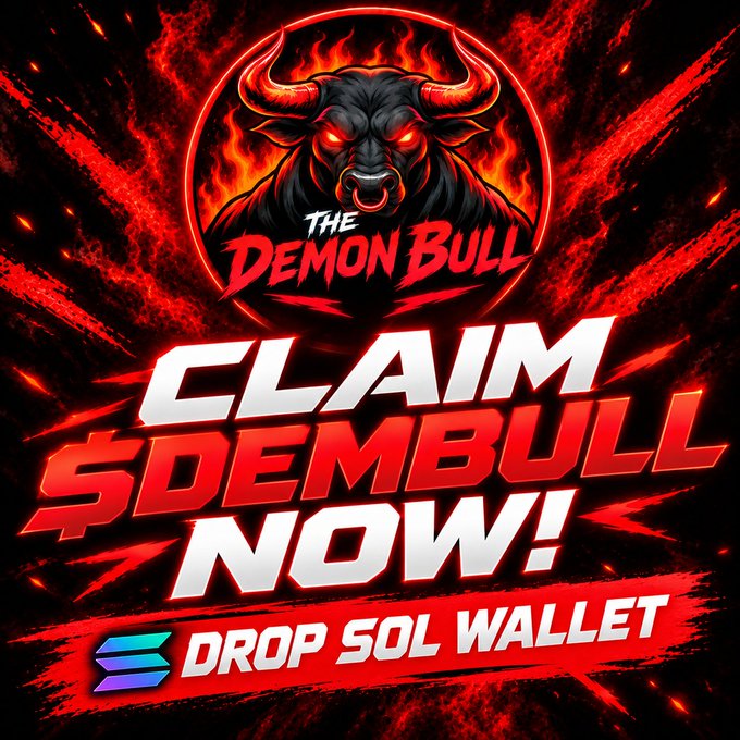 Promotional graphic featuring a fierce demonic bull with glowing red eyes and the text 'THE DEMON BULL,' 'CLAIM $DEMBULL NOW!,' and 'DROP SOL WALLET' against a fiery red background.