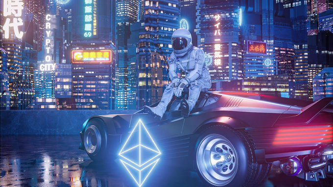 A futuristic cityscape at night features an astronaut sitting on a cyberpunk sports car with glowing blue accents and a neon Ethereum logo.