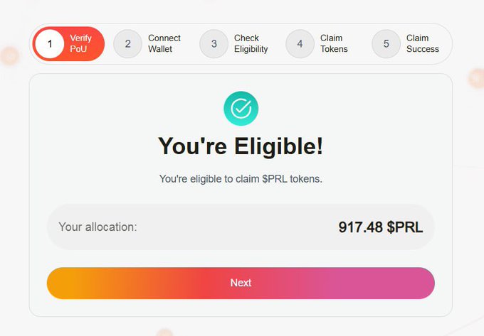 A screenshot of the Perle Foundation airdrop claim page shows a 5-step process with step 1 "Verify PoU" highlighted, confirming eligibility to claim $PRL tokens with an allocation of 917.48 $PRL and a "Next" button.