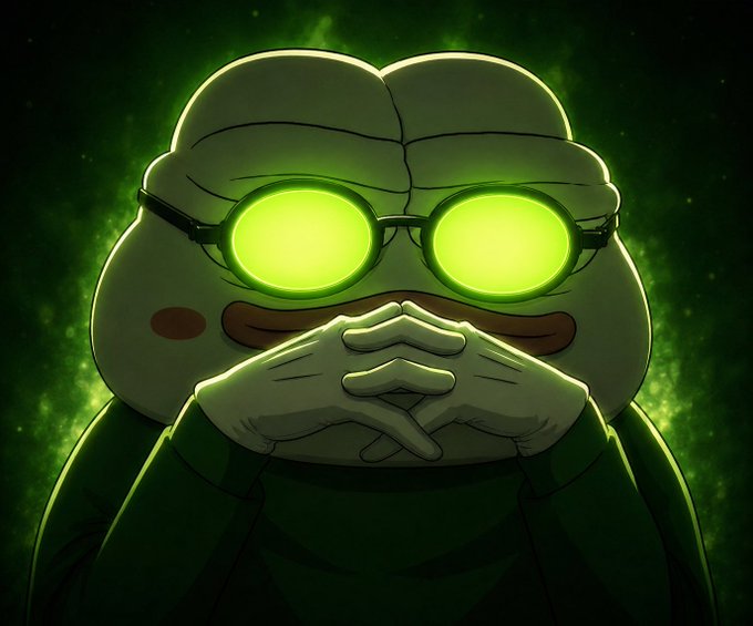 A cartoon frog character with glowing green goggles sits in a contemplative pose with its hands clasped together, surrounded by a mystical green aura. The image ties to the post by featuring "Hoppy," a frog character commonly associated with the Pump.fun platform, shown expressing gratitude toward @Pumpfun.