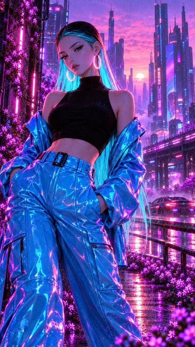 Digital cyberpunk-style artwork of a woman with long blue hair, large hoop earrings, a black crop top, and shiny blue cargo pants, standing in a neon-lit futuristic cityscape at sunset.
