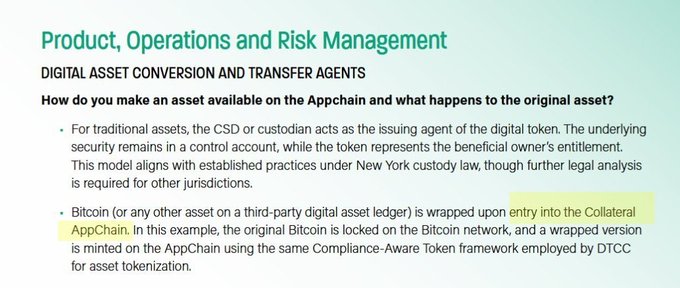 Document slide titled 'Product, Operations and Risk Management' discussing 'Digital Asset Conversion and Transfer Agents,' explaining how traditional assets and Bitcoin are tokenized on the AppChain, with the phrase 'entry into the Collateral AppChain' highlighted in yellow.