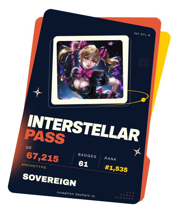 An 'Interstellar Pass' card for the 'Sovereign' archetype from inception.dachain.io, showing QE 67,215, 61 Badges, Rank #1,535, featuring an anime-style female character with pigtails.