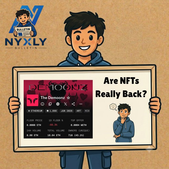 The image features a cartoon boy holding up a sign that says "are NFTs really back?". The boy appears to be posing for the picture, with his hand raised above his head as if he's asking this question directly. The background of the image is brown and has a blue banner in the top left corner that reads "NYX". This suggests that the post might have been created by someone who works at NYX or is associated with it.