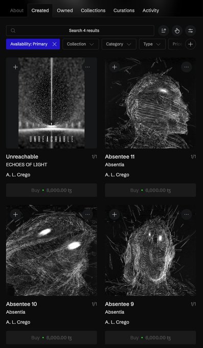 The image shows a digital marketplace page (likely objkt.com) featuring four 1/1 NFT artworks by A. L. Crego, including "Unreachable" from the ECHOES OF LIGHT collection and three "Absentee" pieces (#9, #10, #11) from the Absentia collection, all priced between 6,000 and 8,000 tz. The page's filter for "Availability: Primary" and the "Last 4 pieces" caption confirm these are the final remaining 1/1 editions available for purchase.