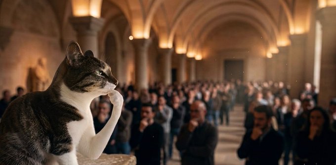 A cat posed like 'The Thinker' statue in the foreground, with a blurred crowd of people in a grand hall behind it.